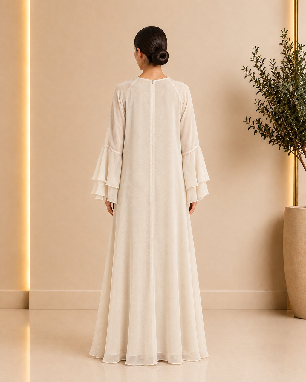 Elegant Ivory Layered-Sleeve Abaya