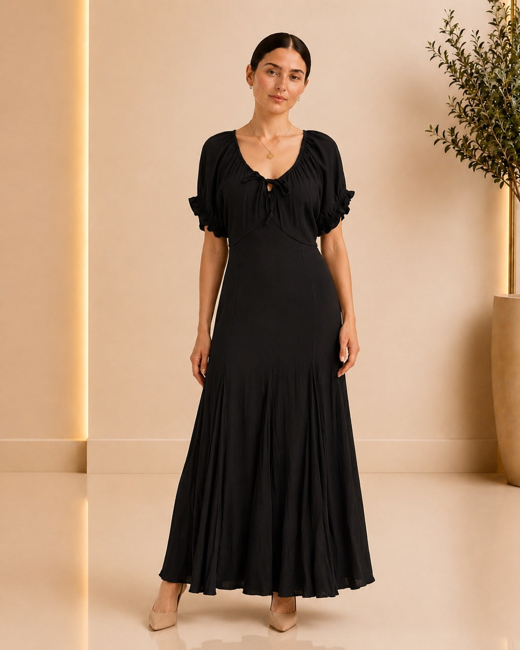 Black Gathered-Neck Maxi Dress
