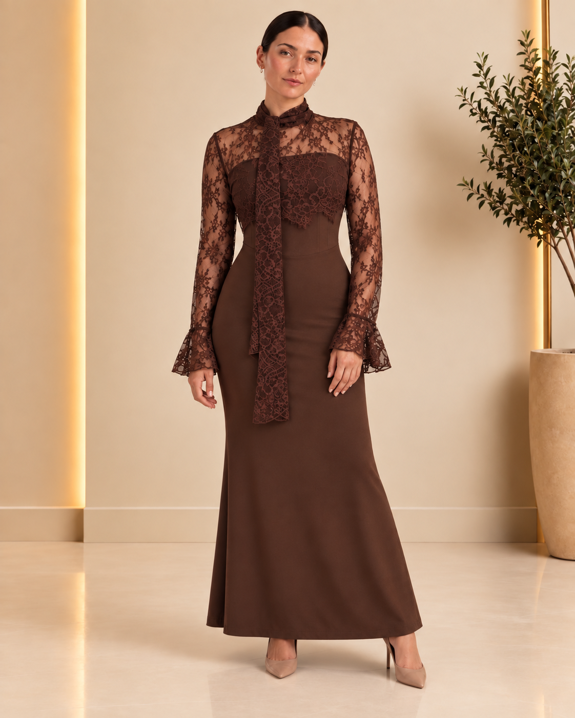 Chocolate Brown Lace Tie-Neck Maxi Dress
