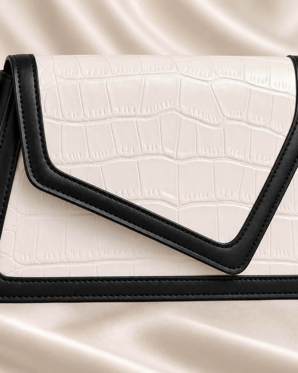 Ivory Croc-Embossed Contrast Shoulder Bag