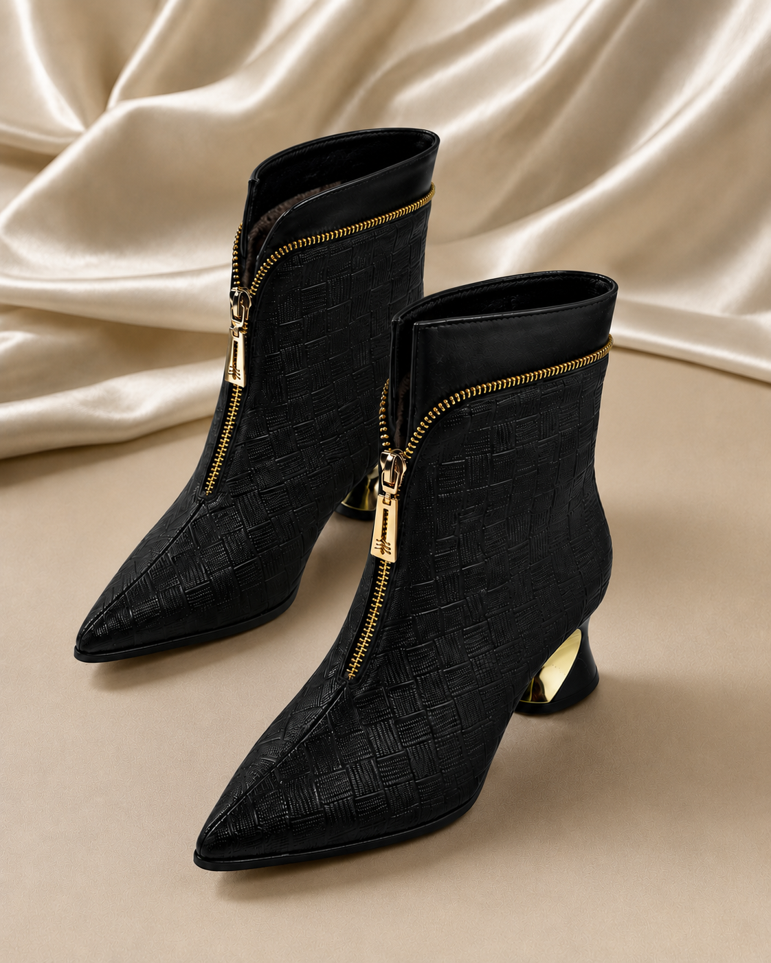 Black Textured Gold-Zip Ankle Boots