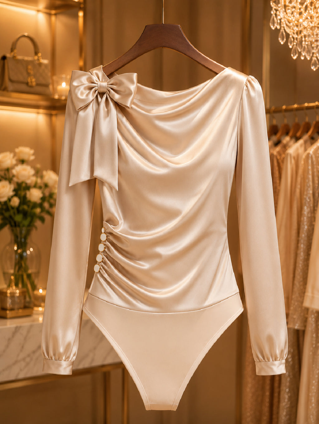 Champagne Satin Bow Ruched Bodysuit