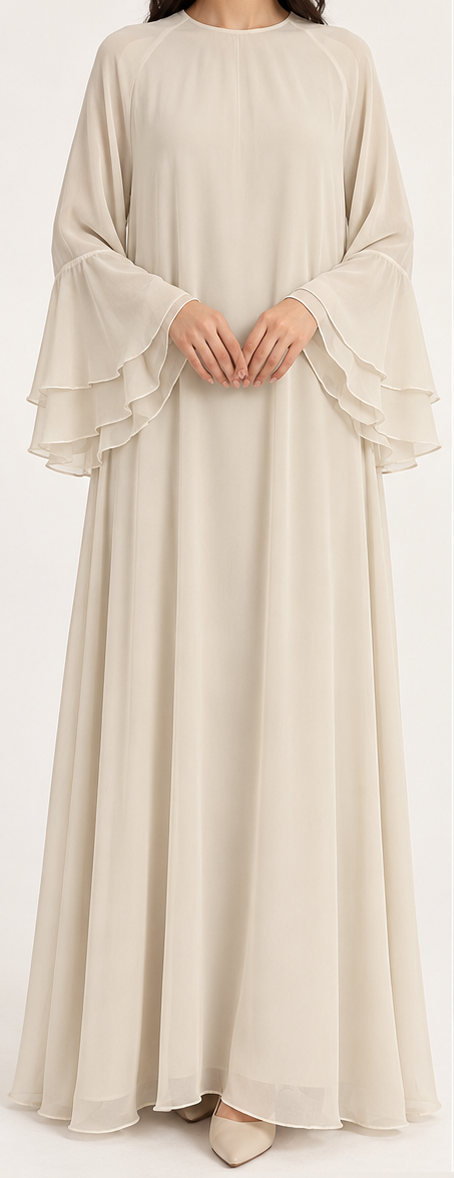 Elegant Ivory Layered-Sleeve Abaya