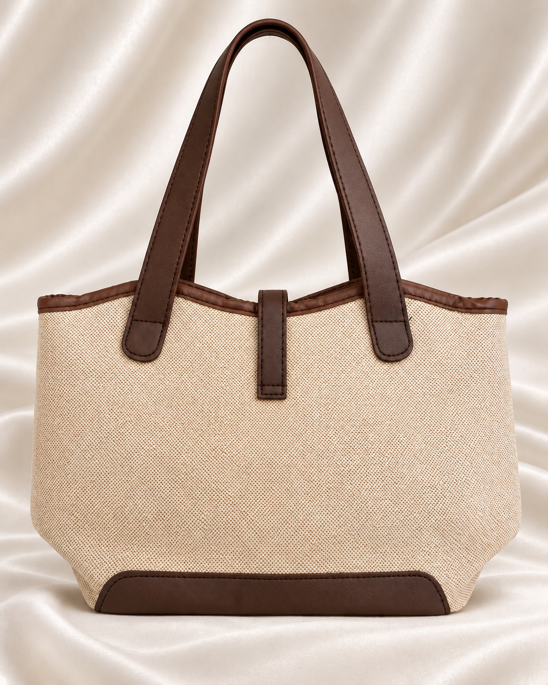 Back view of beige and brown woven tote bag