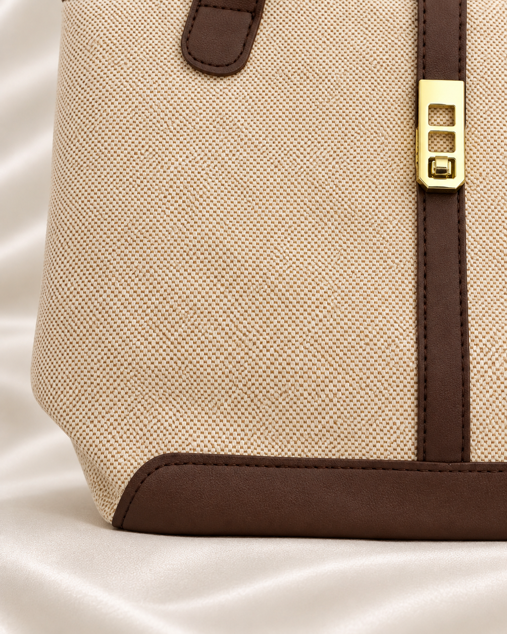 Base trim and woven body detail of beige and brown tote bag