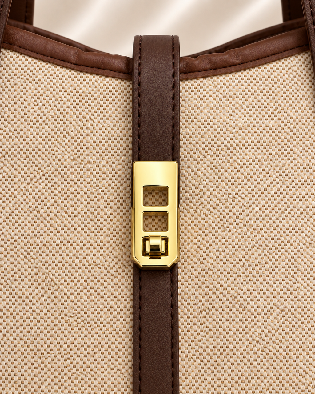 Gold clasp detail of beige and brown woven tote bag