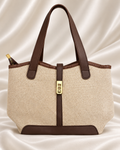 Beige and brown woven tote bag front view