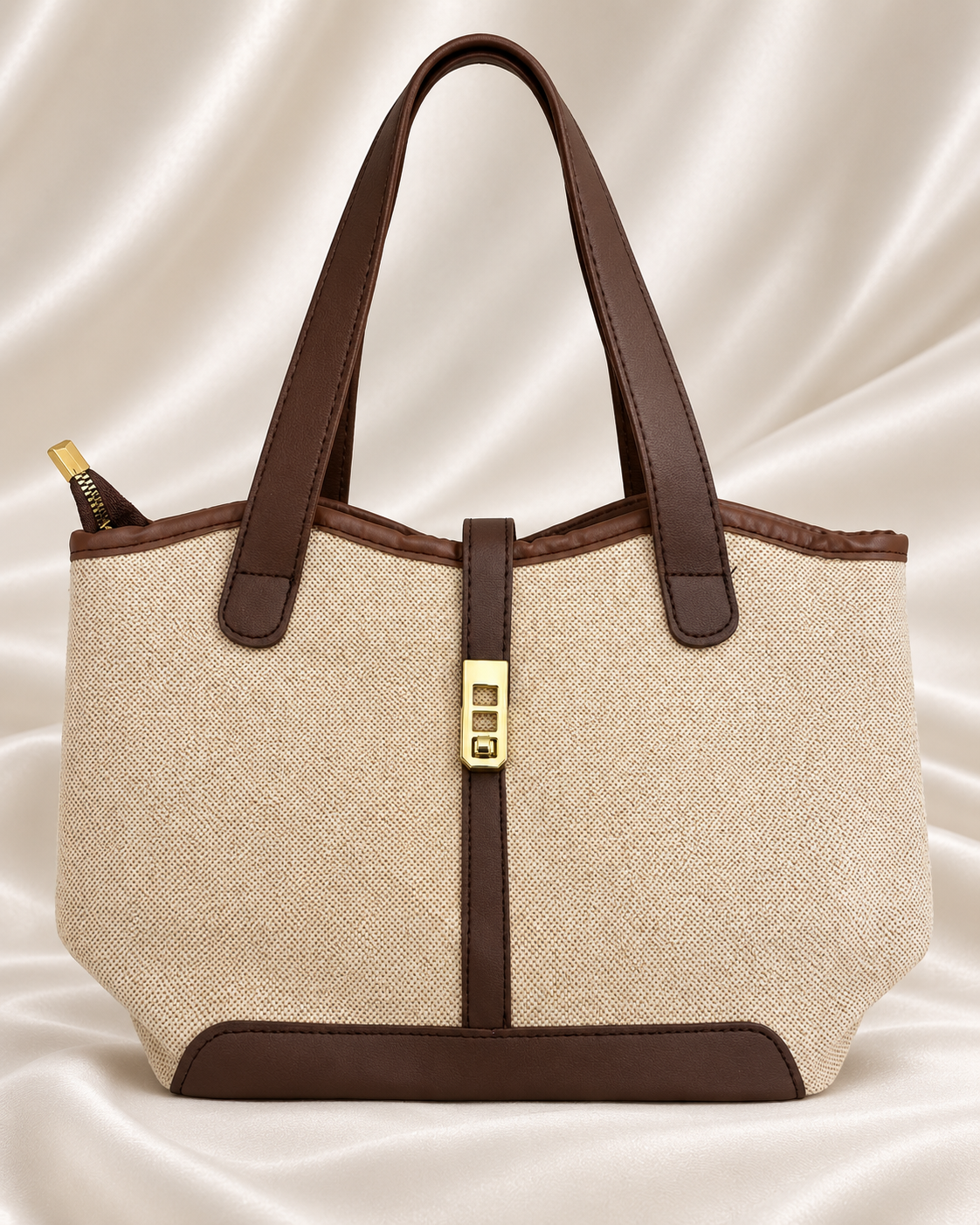 Beige and brown woven tote bag front view