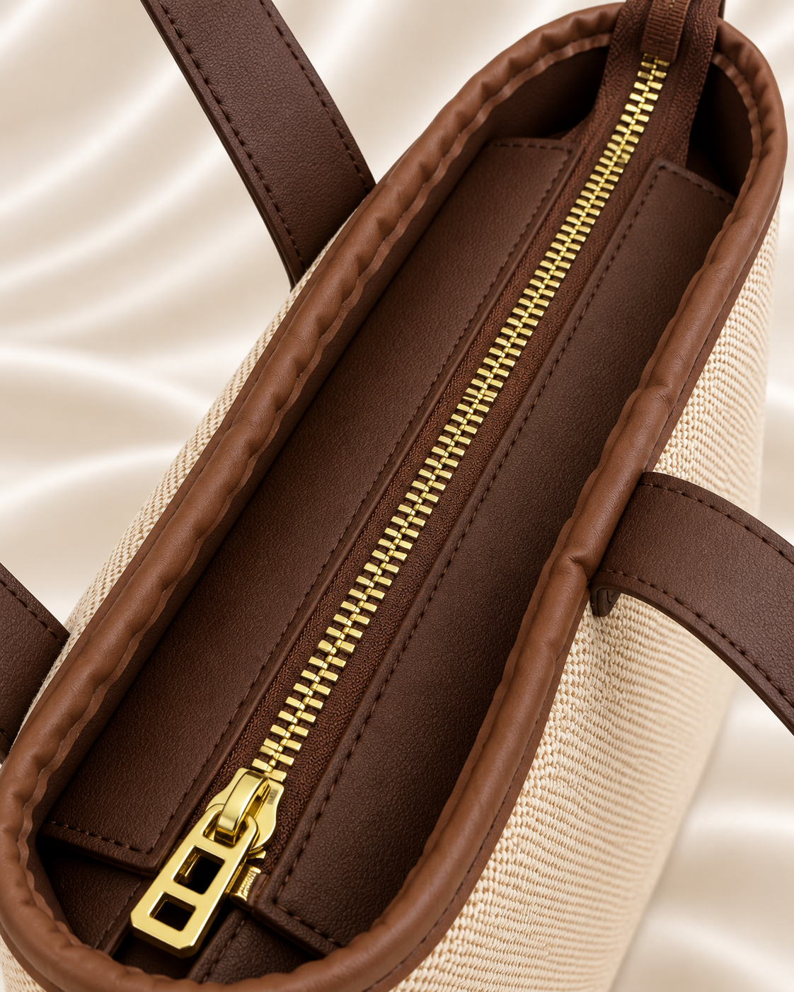 Top zipper detail of beige and brown woven tote bag
