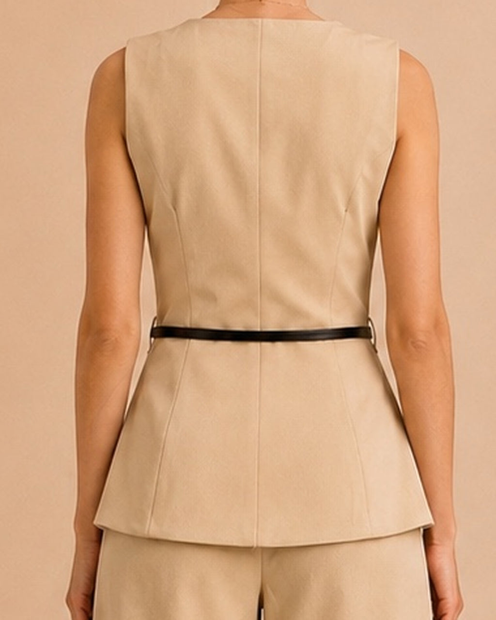 Beige tailored set back center seam and panel detail
