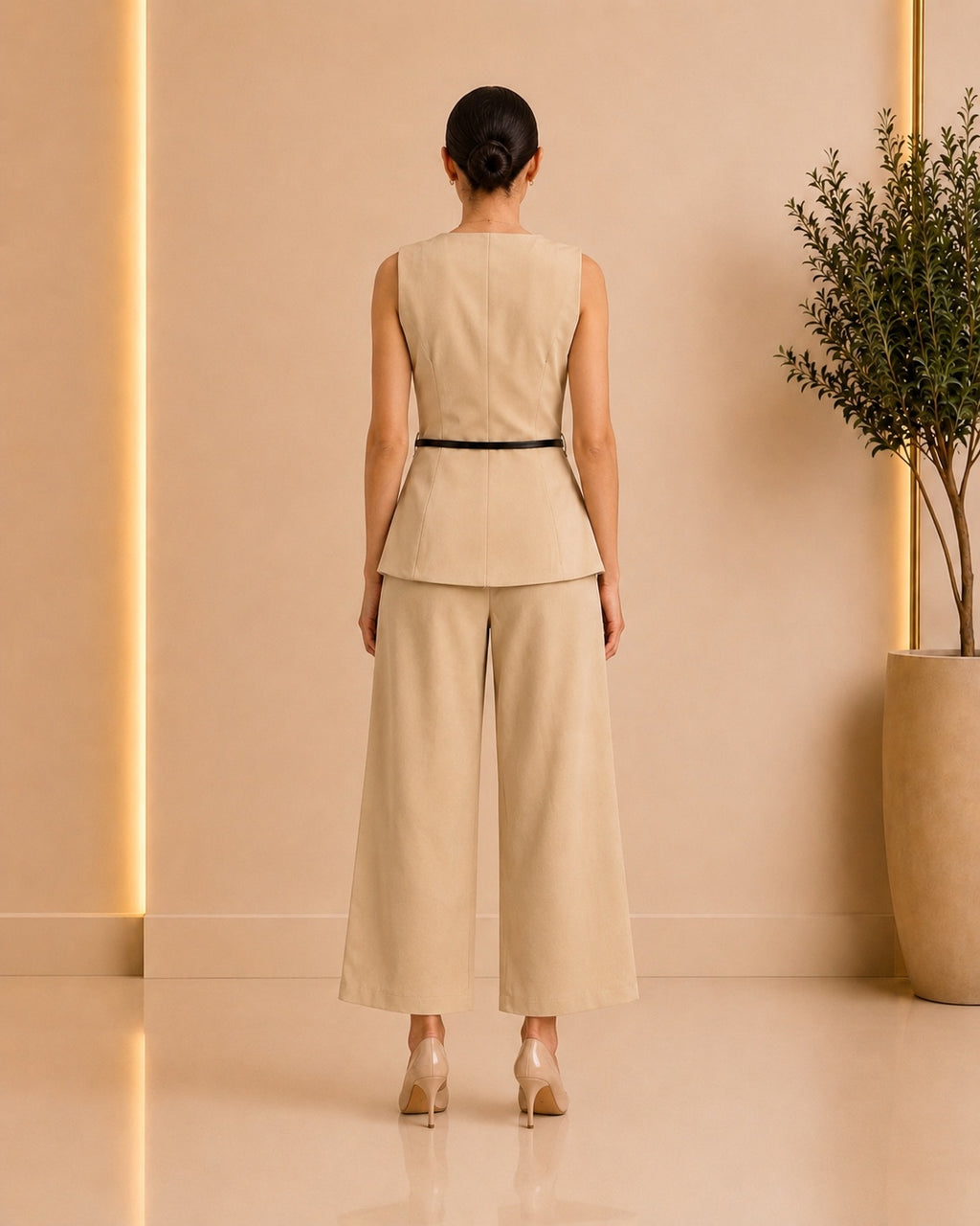 Beige tailored vest and wide-leg pants set back view