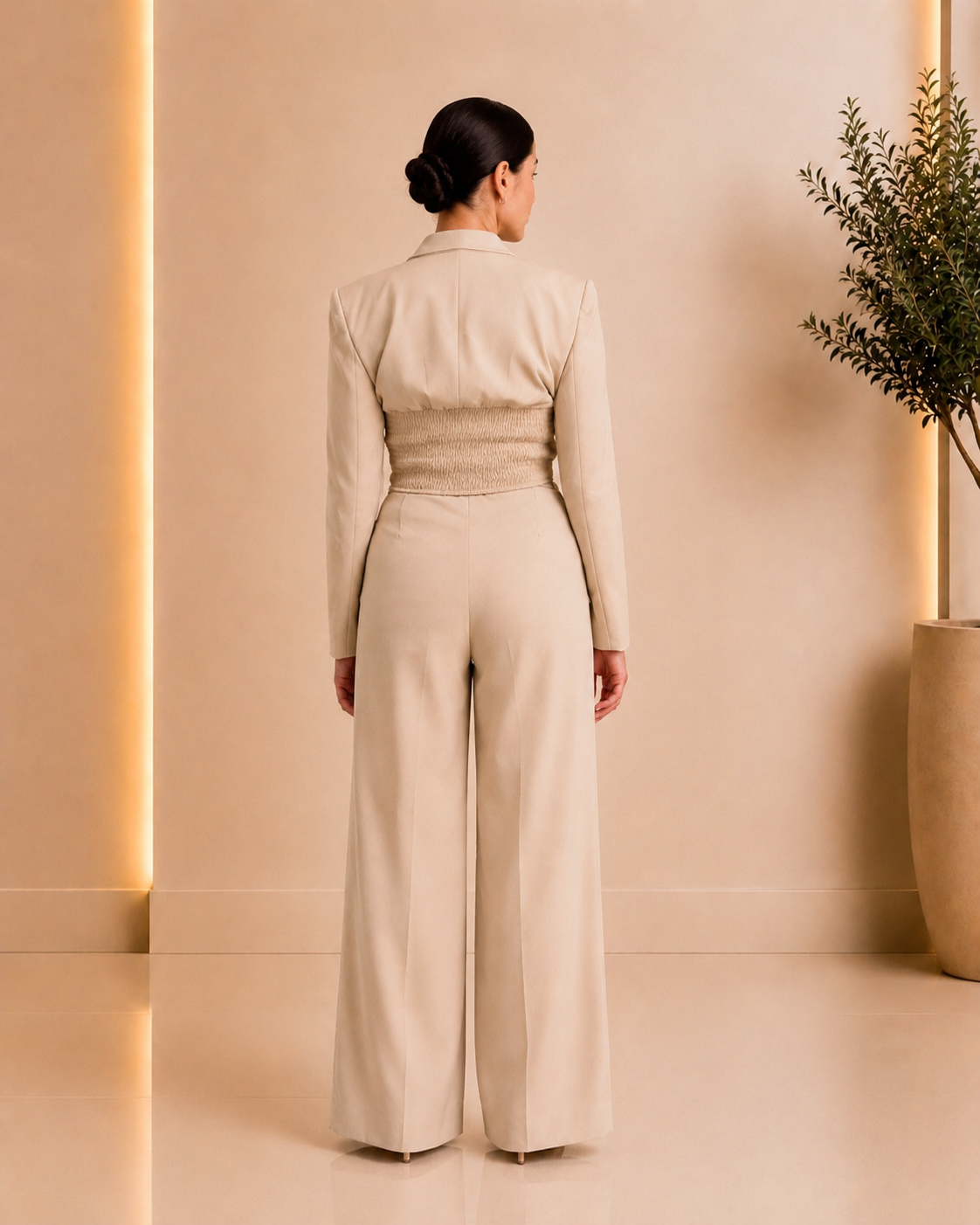 Beige tailored set back view