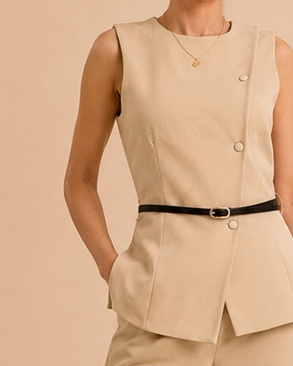 Beige tailored set front darts and seam shaping detail