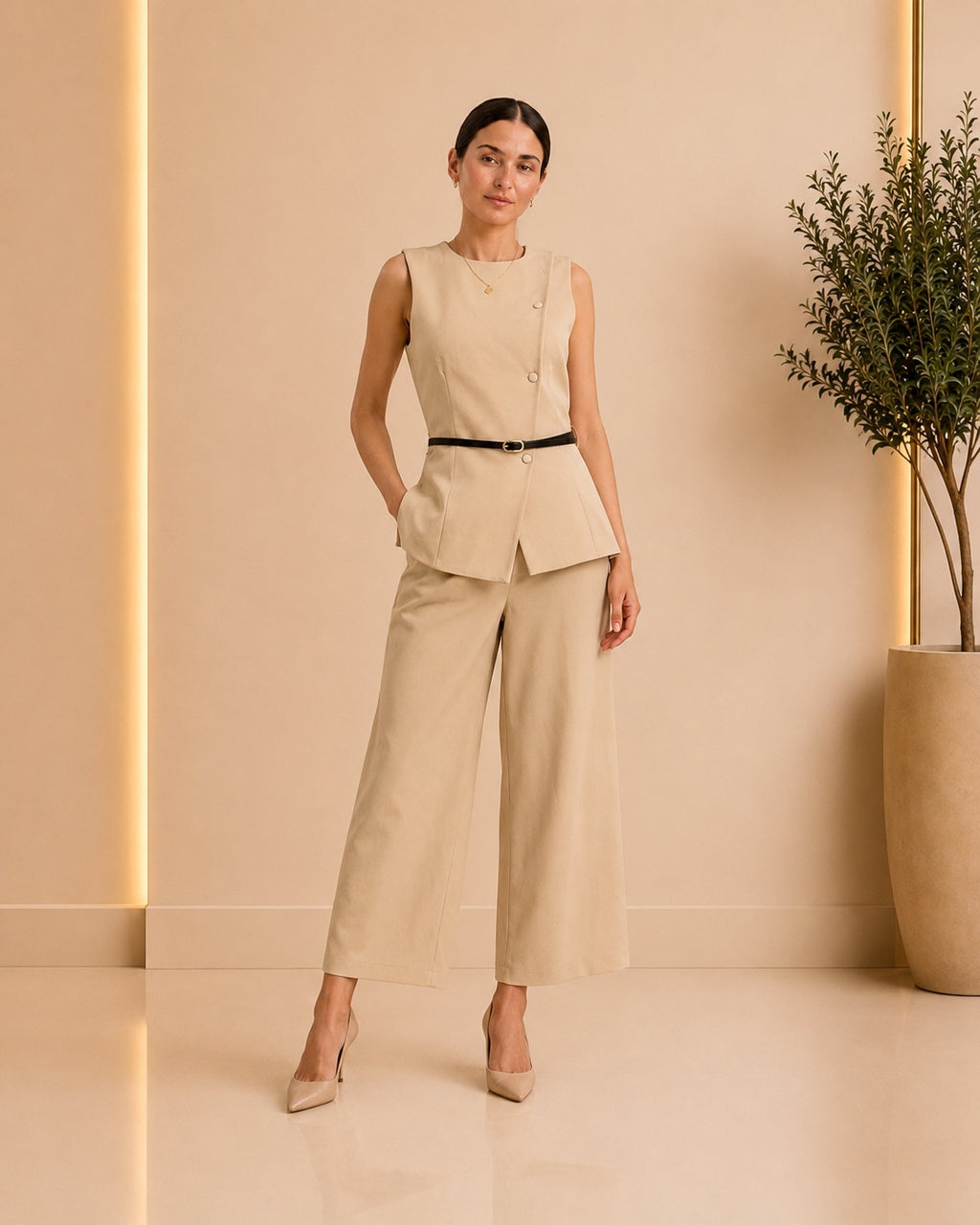 Beige tailored vest and wide-leg pants set front view