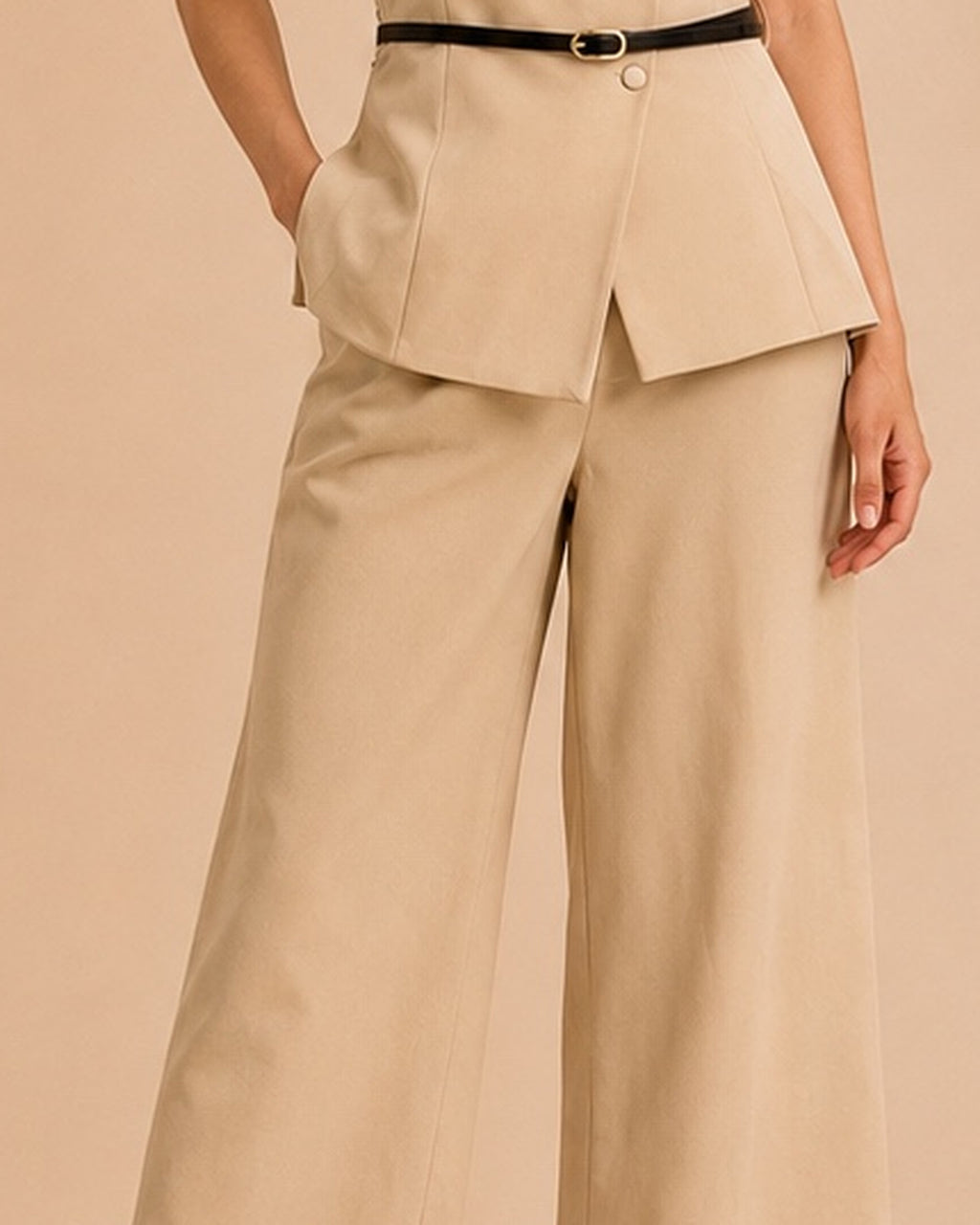 Beige tailored set front trouser upper construction detail