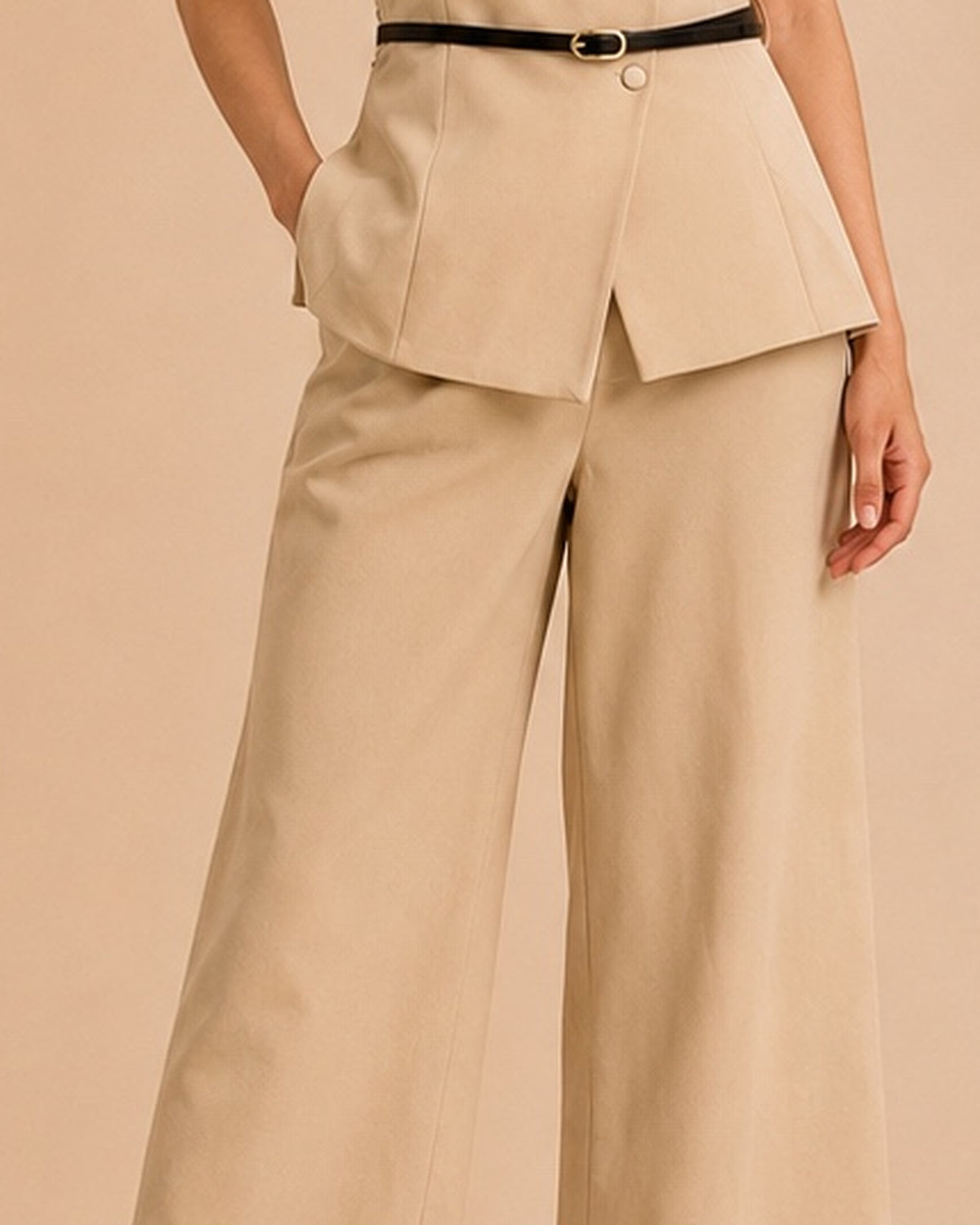 Beige tailored set front trouser upper construction detail