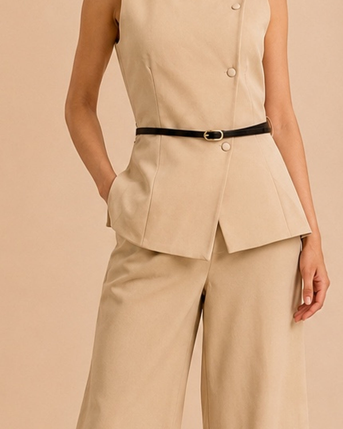 Beige tailored set waist and peplum overlap detail