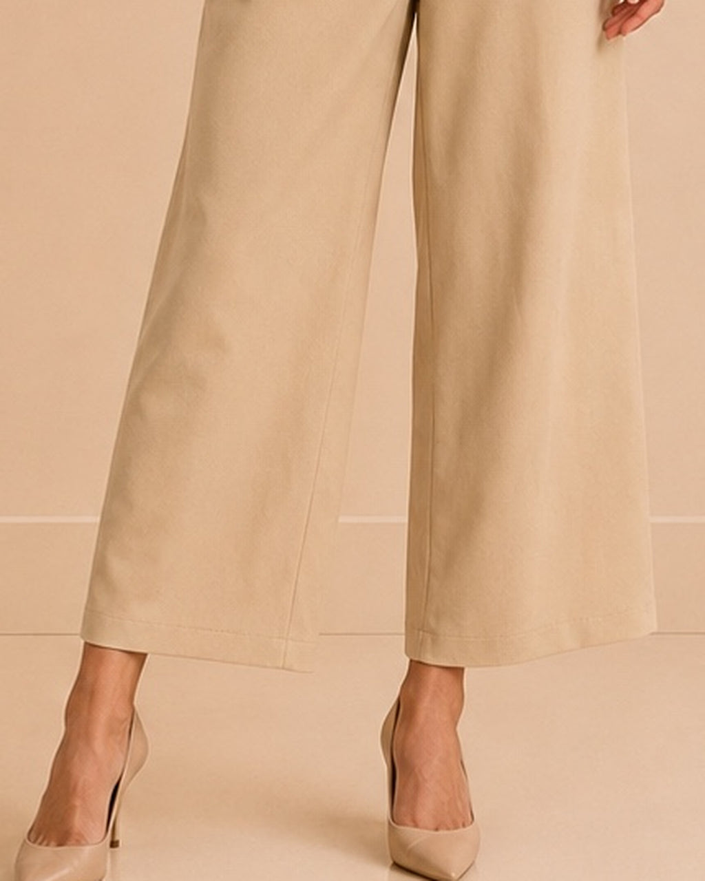 Beige tailored set wide-leg trouser and hem detail