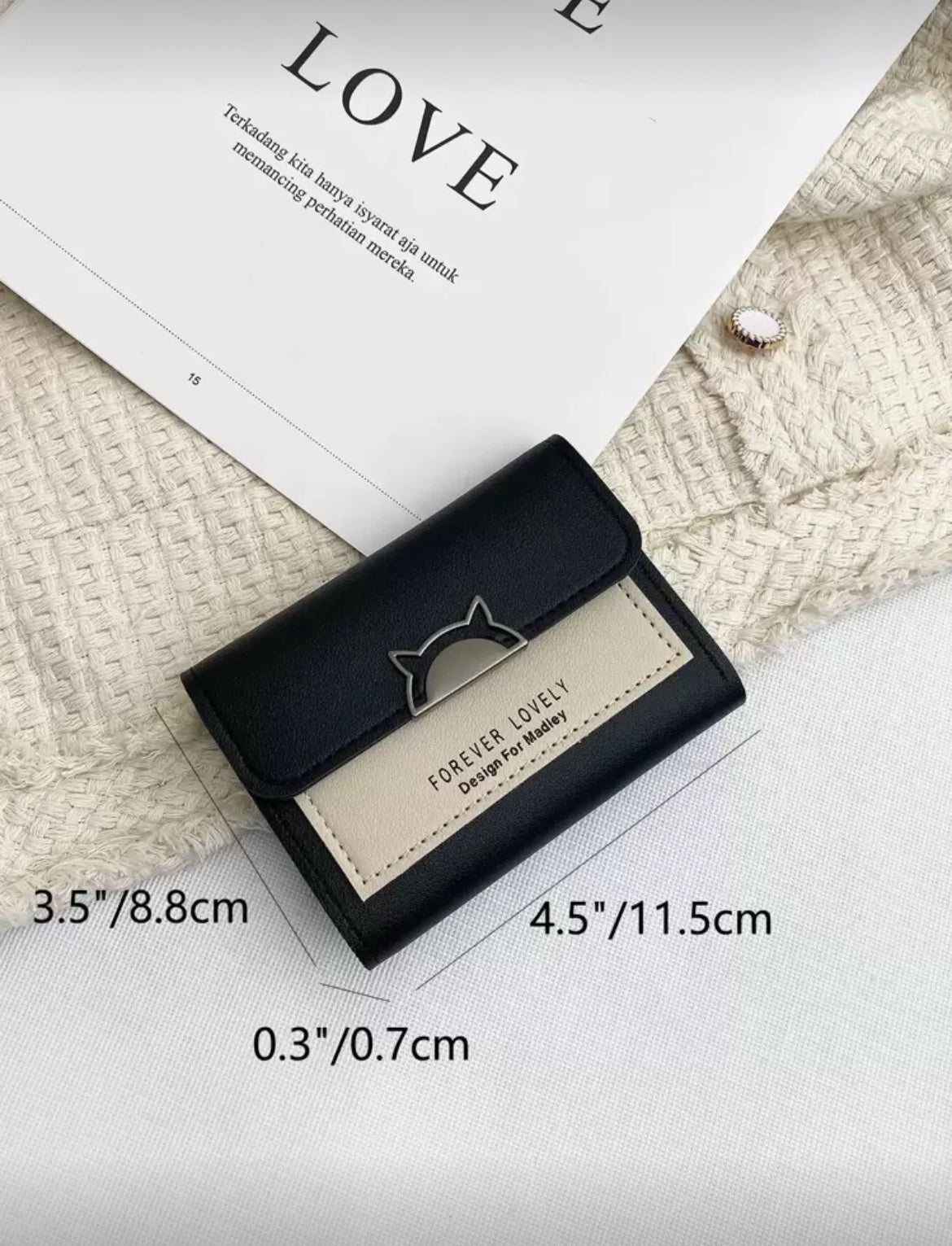 Black and beige compact wallet dimensions 11.5 by 8.8 by 0.7 cm