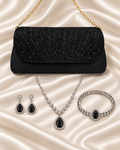 Black beaded clutch with matching jewelry set