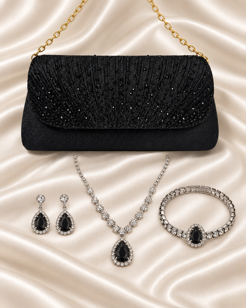 Black beaded clutch with matching jewelry set