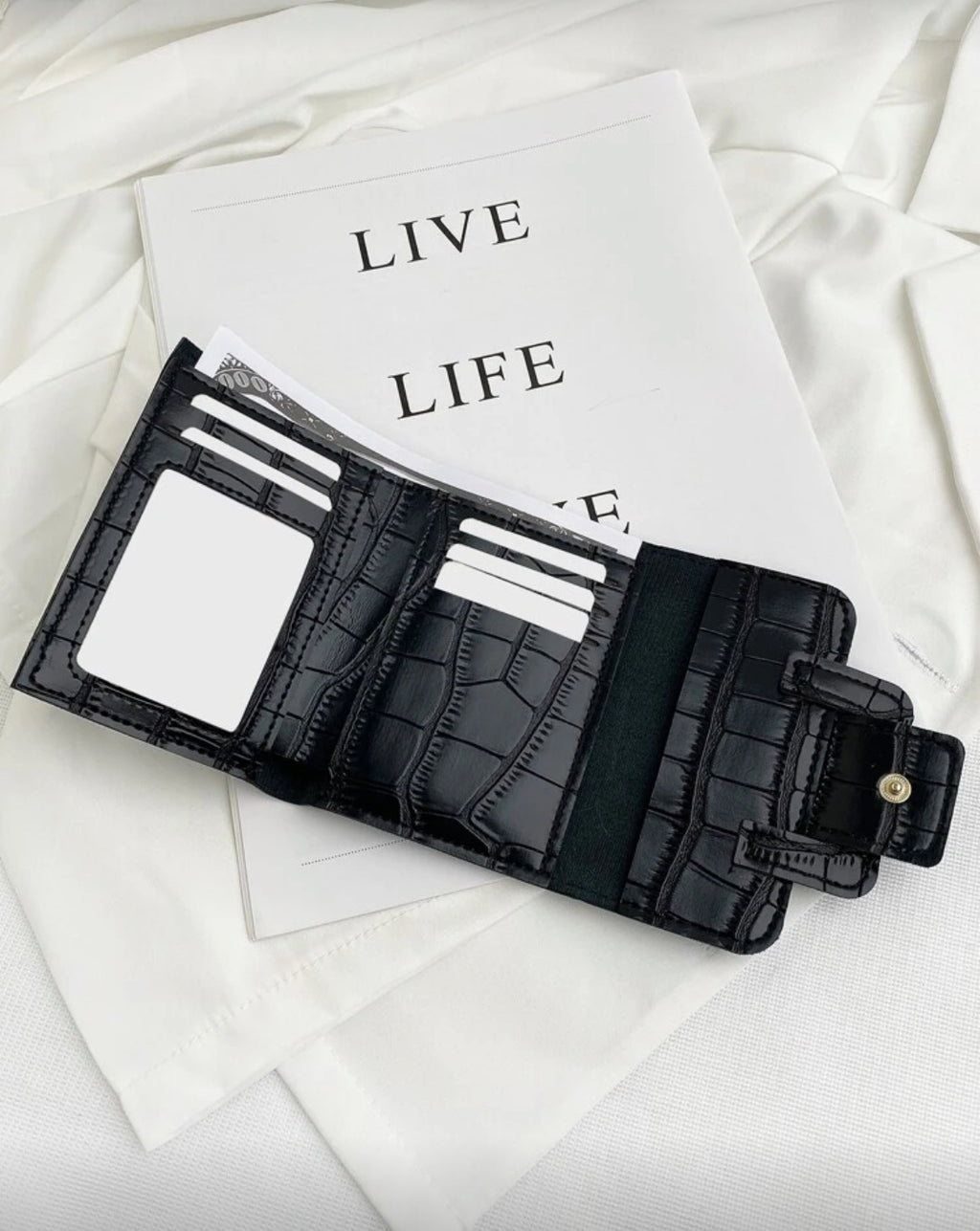 Black crocodile texture wallet interior with card slots