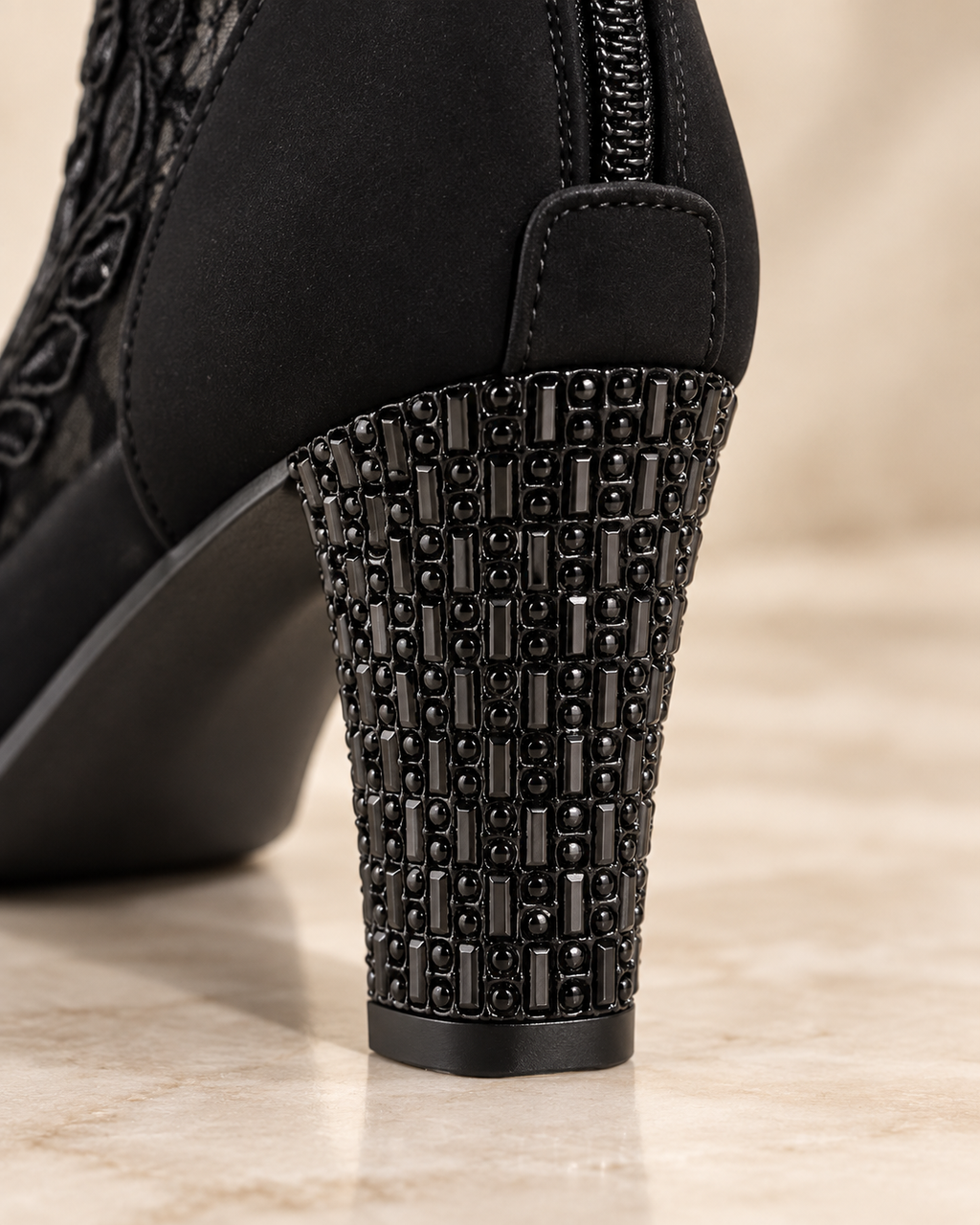 Black beaded block heel detail