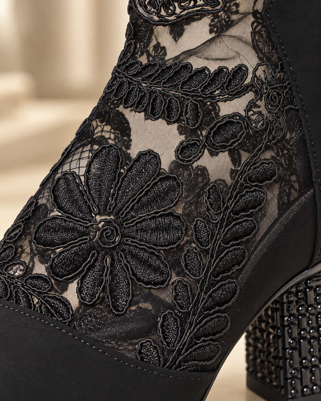 Transparent mesh and raised floral embroidery detail