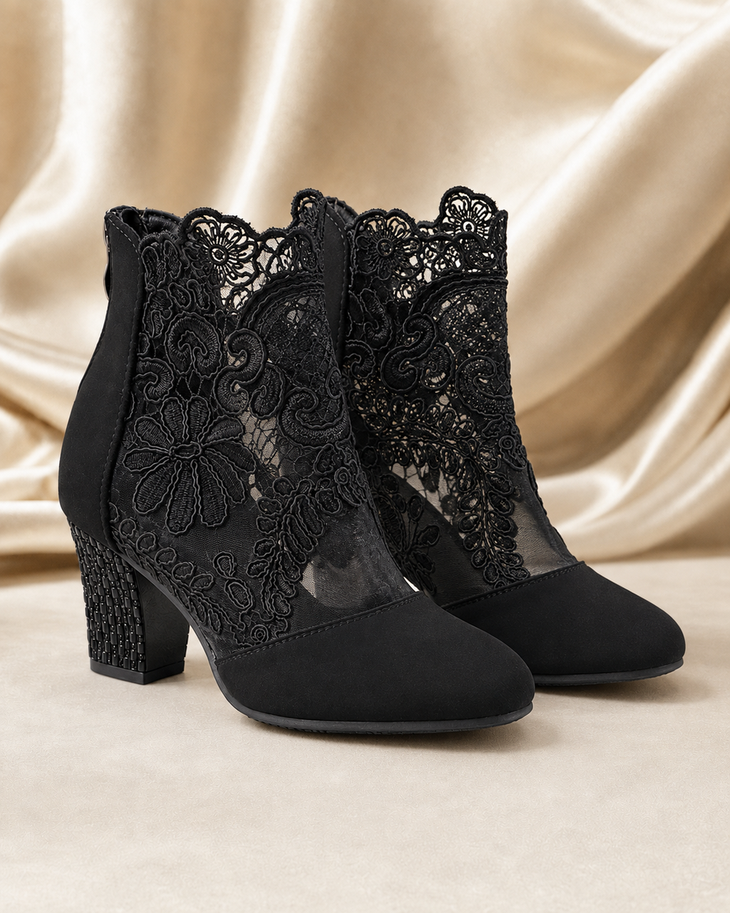 Black embroidered mesh ankle boots - main view