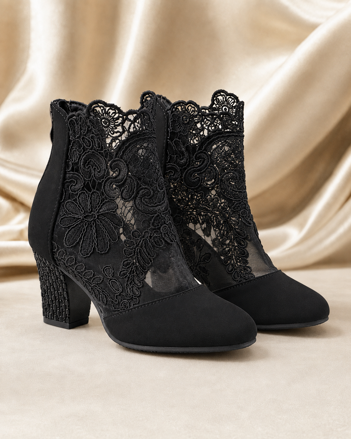 Black embroidered mesh ankle boots - main view