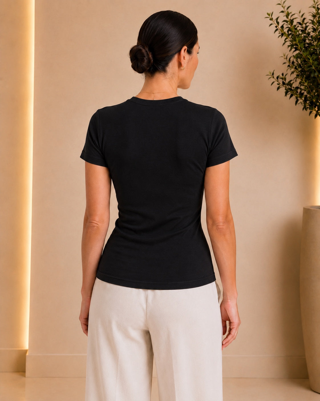 Black fitted T-shirt back view