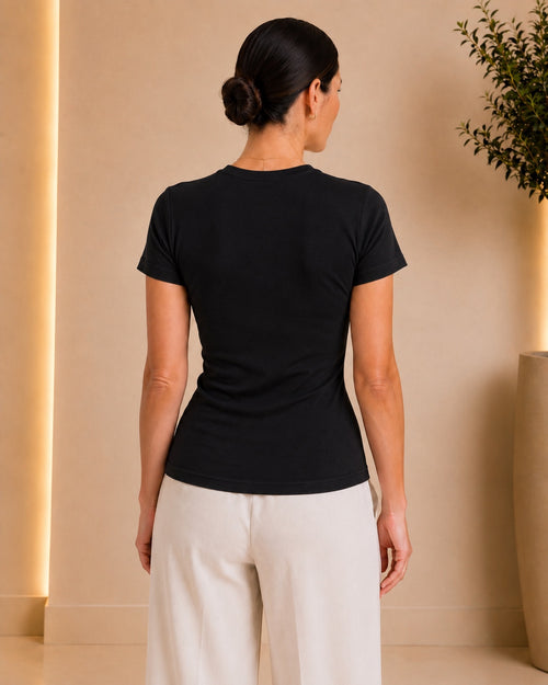 Black fitted T-shirt back view