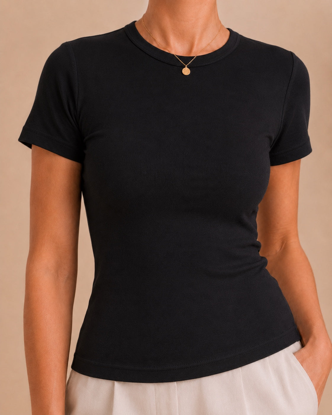 Black fitted T-shirt front view