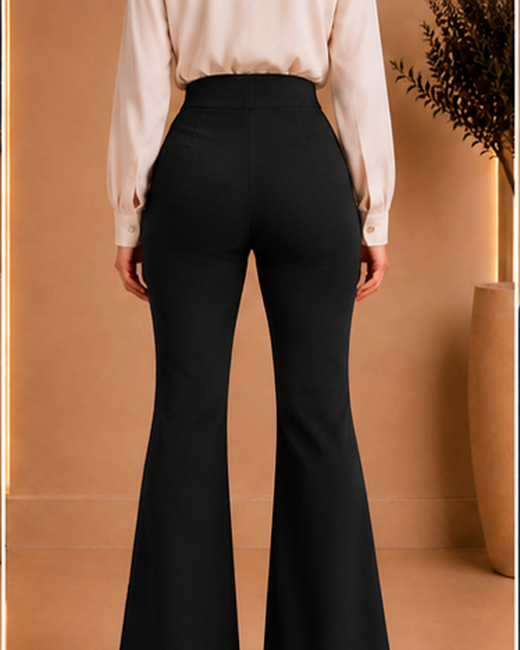 Black high-waist flared trousers back view