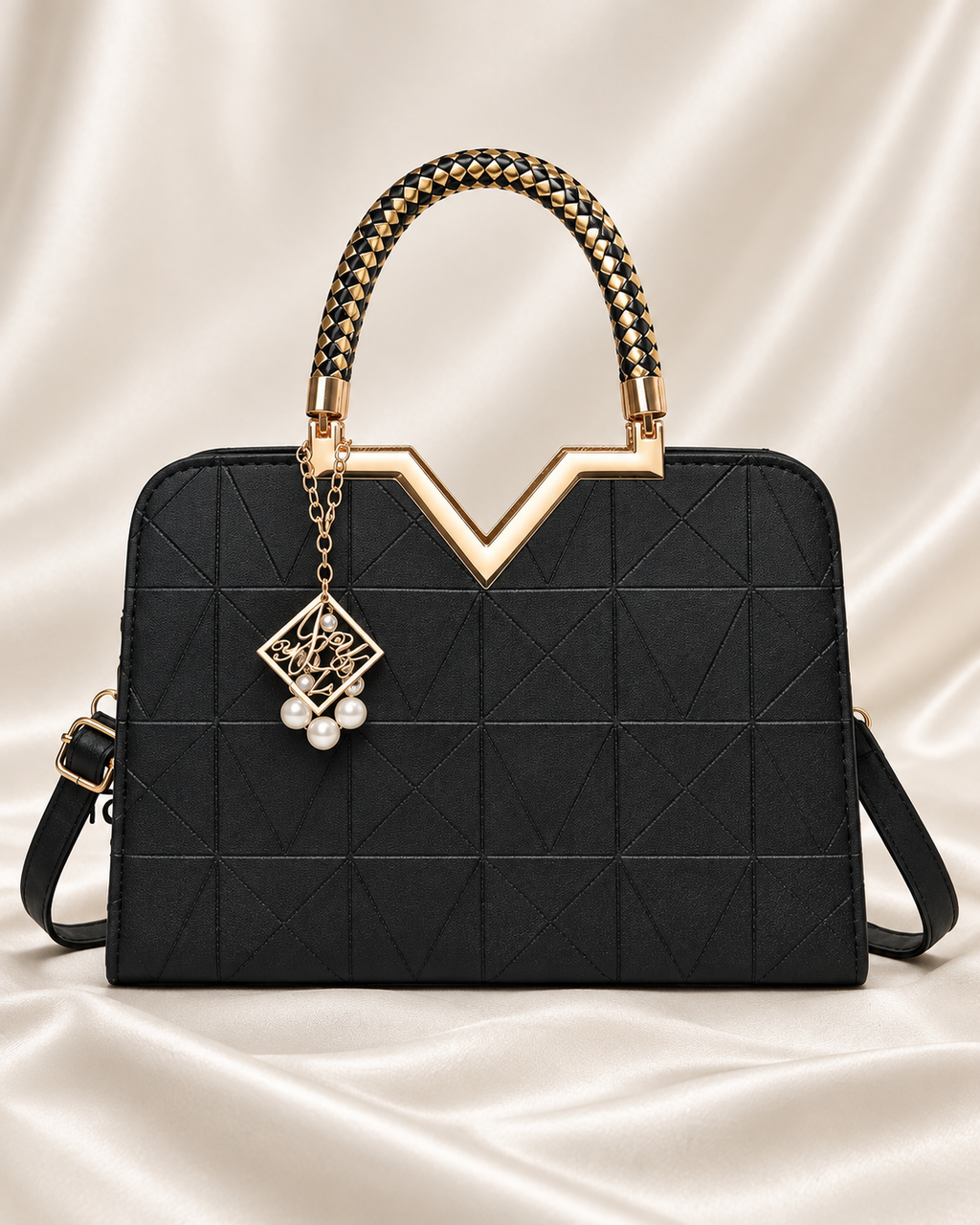 Black Geometric V-Frame Handbag front view