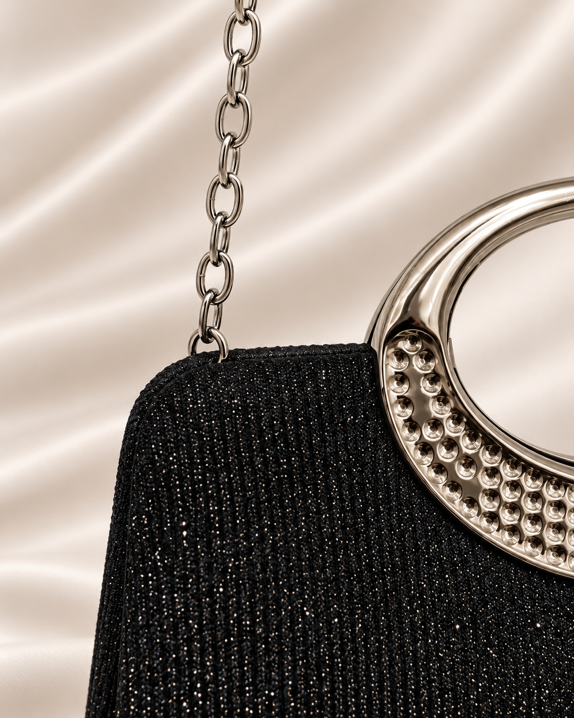 Close-up of chain attachment and silver hardware