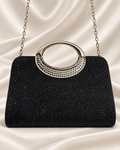 Black glitter evening bag with silver oval handle and chain