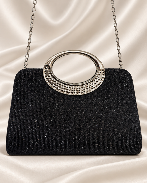 Black glitter evening bag with silver oval handle and chain