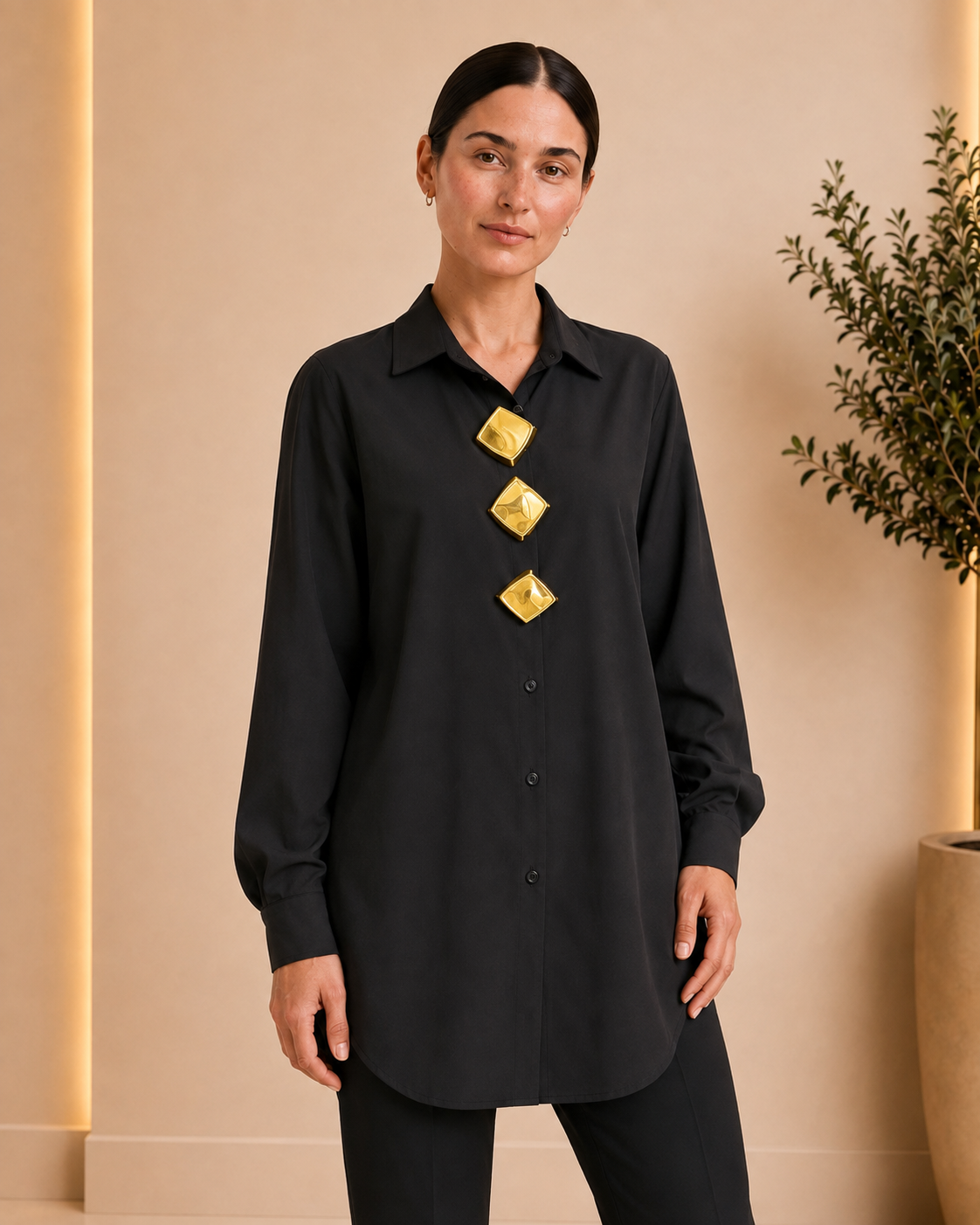 Black gold accent oversized shirt close front view