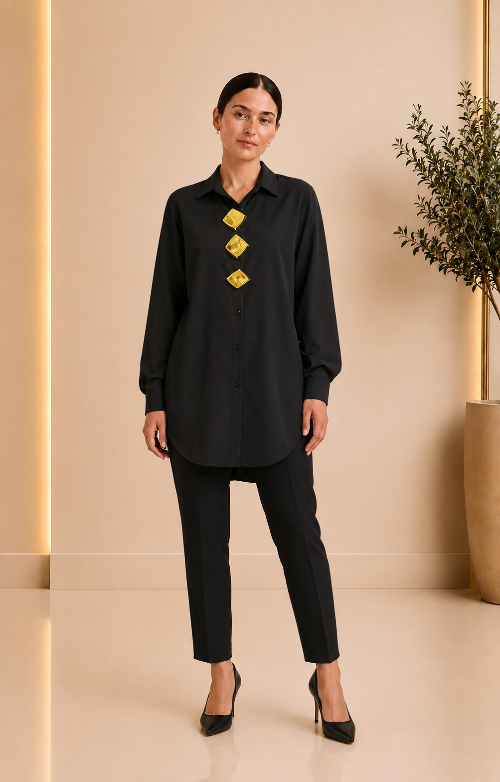 Black gold accent oversized shirt front view