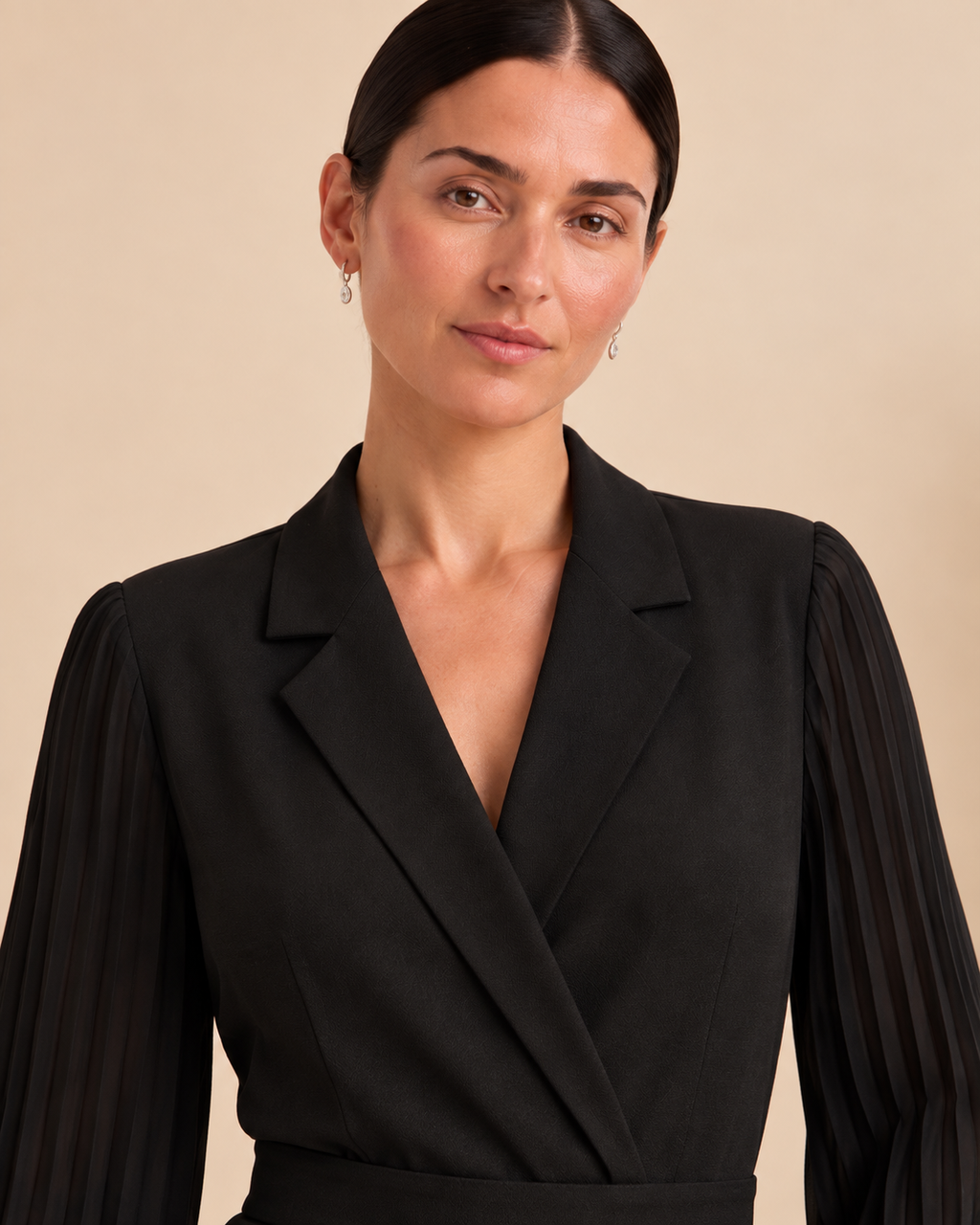 Black jumpsuit lapel collar and neckline detail