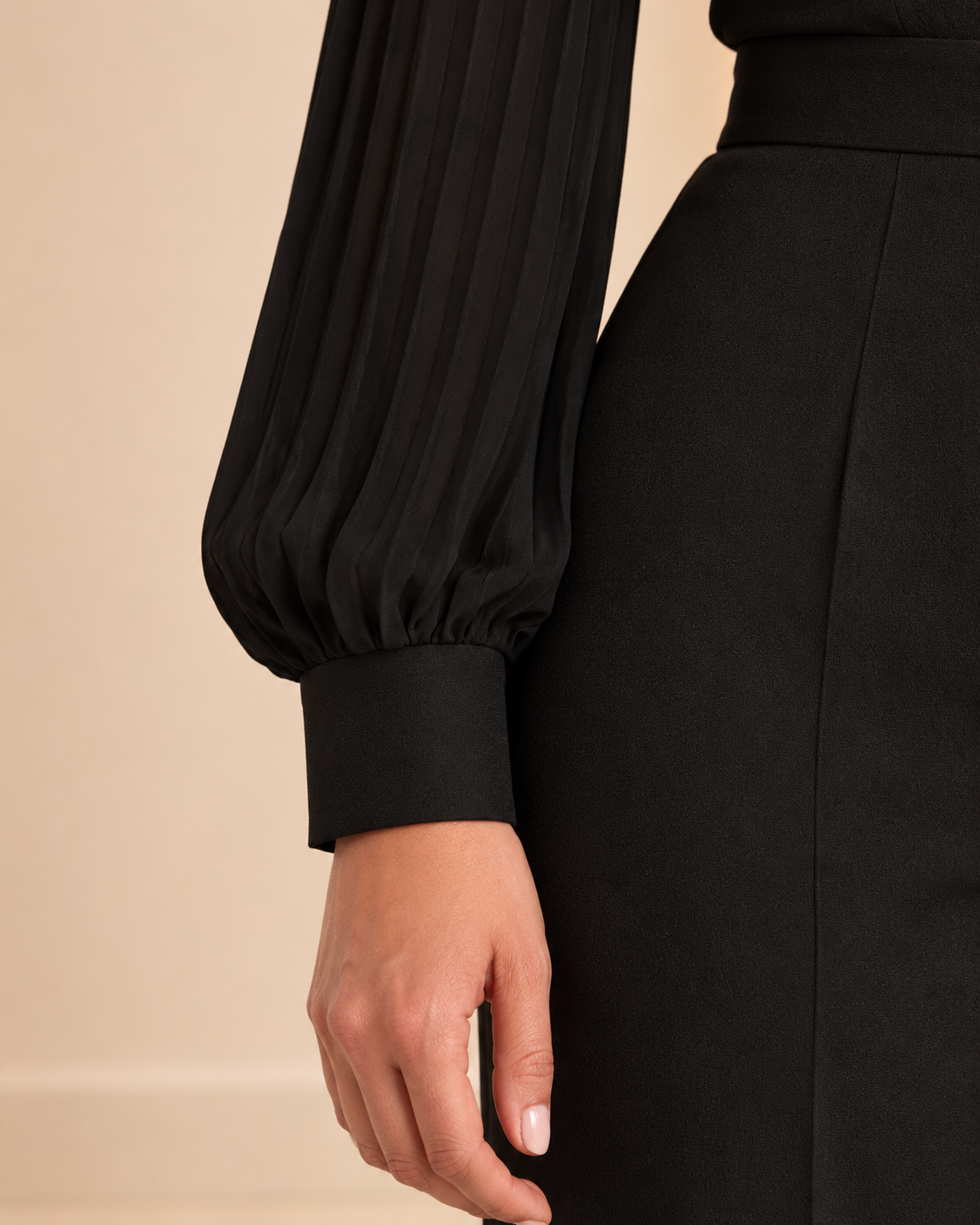 Black jumpsuit pleated sleeve cuff detail