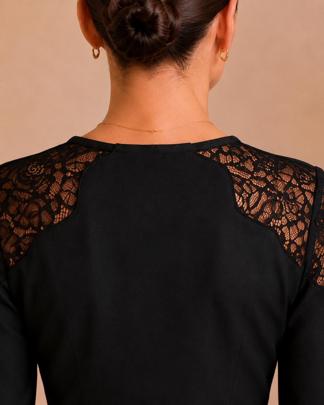 Black dress back neckline and lace shoulder detail