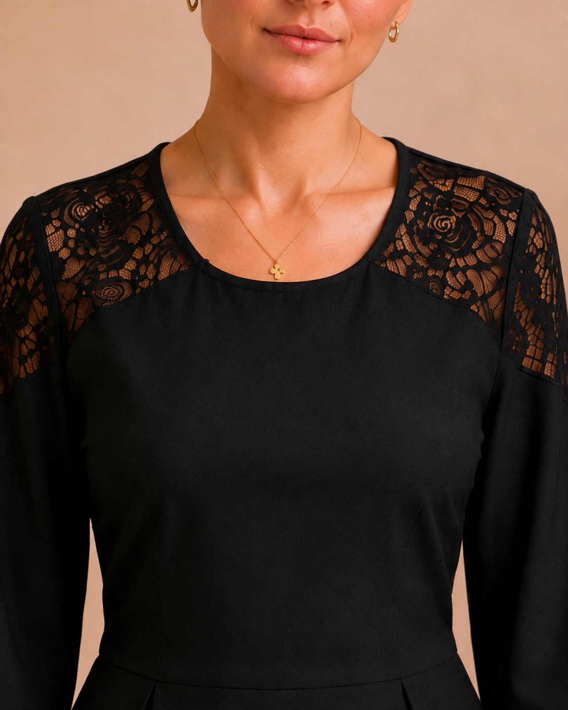 Black dress round neckline and lace shoulder detail