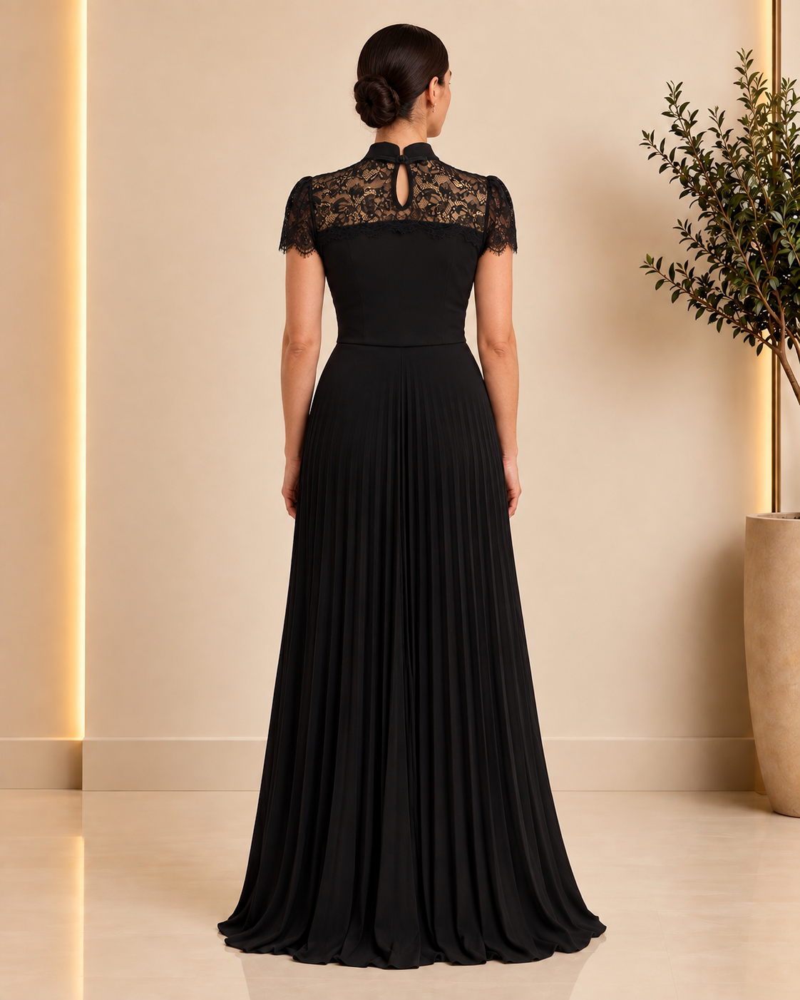Black Lace Pleated Maxi Dress back