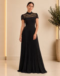 Black Lace Pleated Maxi Dress front