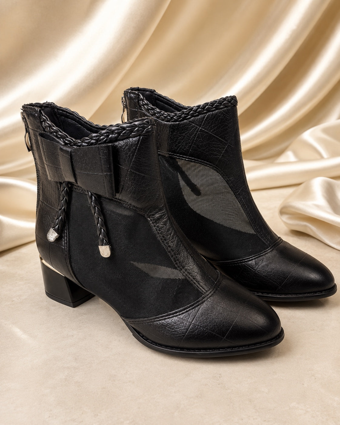 Black Mesh Bow Ankle Boots - front pair view
