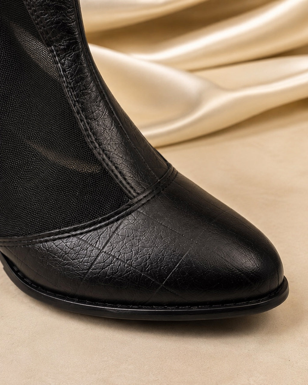 Black Mesh Bow Ankle Boots - toe detail