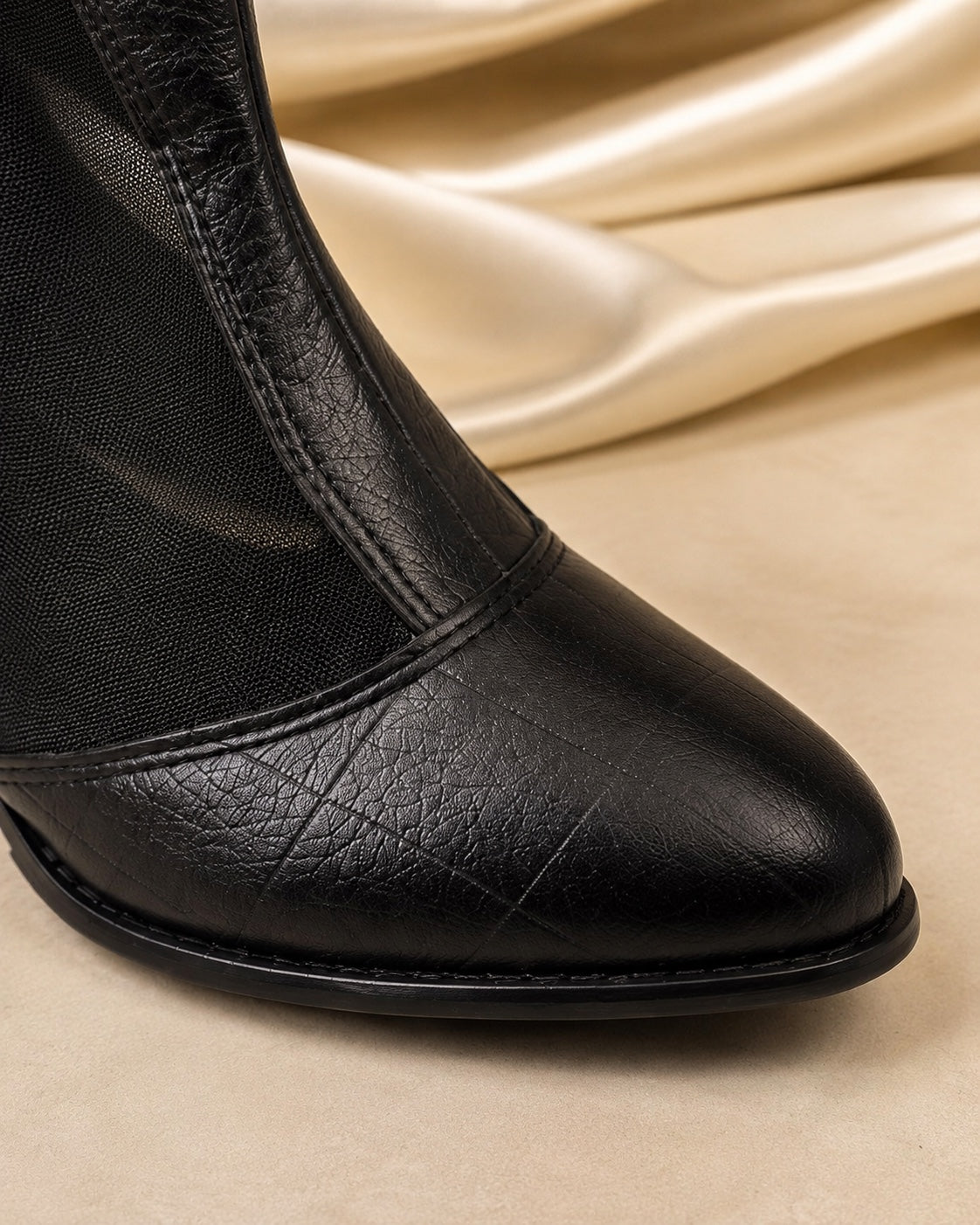 Black Mesh Bow Ankle Boots - toe detail