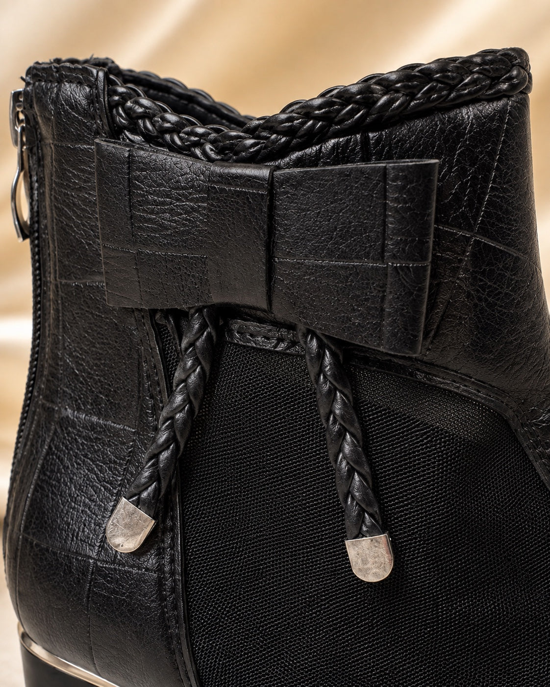 Black Mesh Bow Ankle Boots - bow close-up